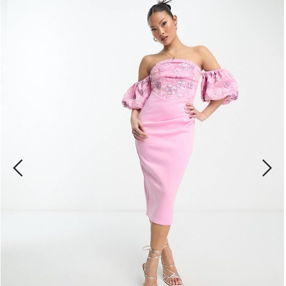 ASOS DESIGN bardot puff sleeve midi dress with floral sequin embellishmen